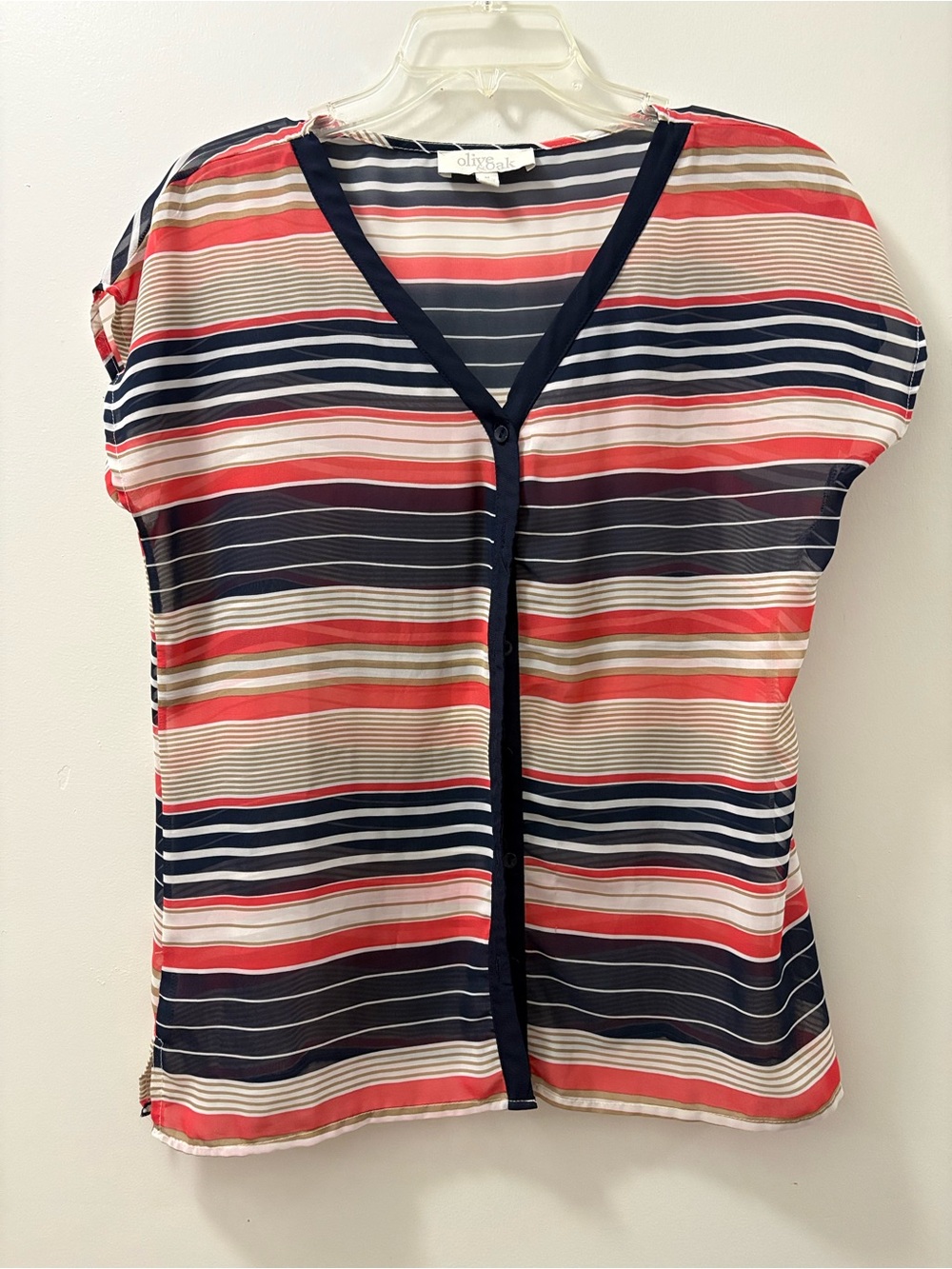 Olive & Oak Navy, Coral & Cream Striped V-Neck Button Blouse